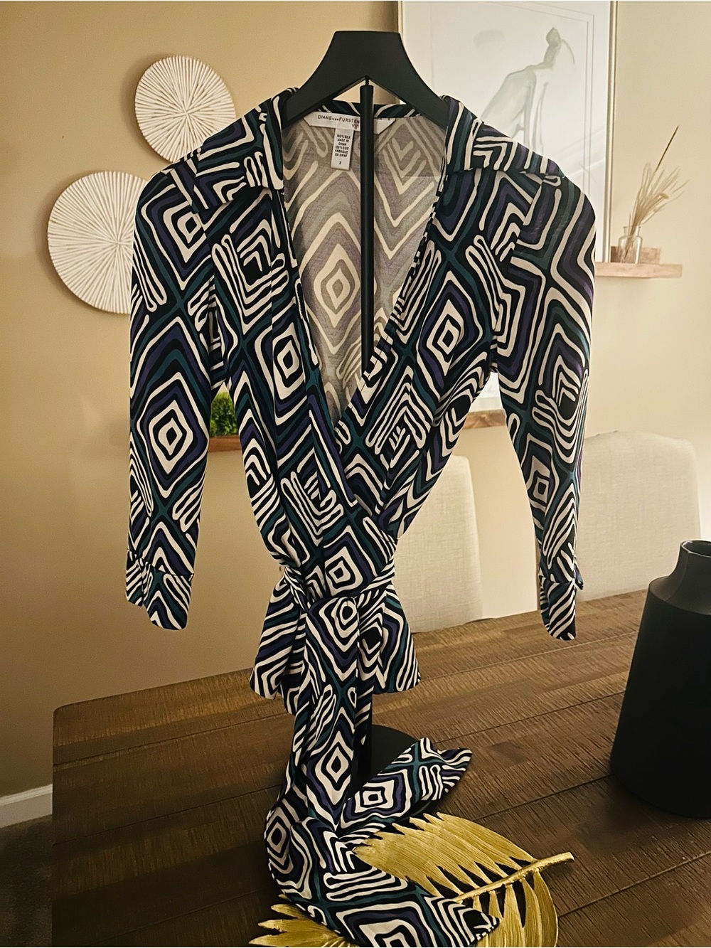 Vintage Diane von Furstenberg Navy, Teal & White Geometric Silk Top